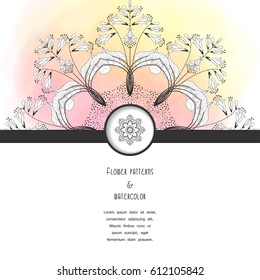 Vector card with round pattern. Stain aquarell background. Fantasy ornament of flowers. Hand drawing. Place for your text.