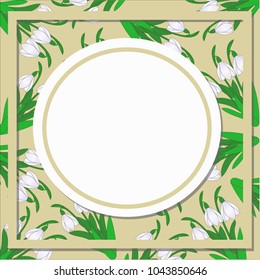 Vector card with round patterns of snowdrop flowers.