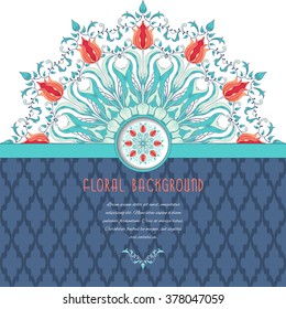 Vector card. Round tulip floral pattern and ribbon. Moroccan tiles pattern background. Place for your text.