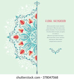 Vector card. Round tulip flower pattern and elegant decor with curls. Place for your text.