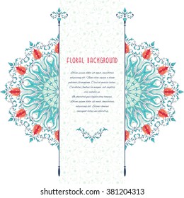 Vector card. Round tulip flower pattern. Insertion for your text with curls.