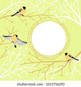 Vector card with round wreath frame from tree twigs. Pastel green background with tree branches and birds. 