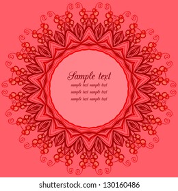 Vector card with rounded floral ornament on red background.