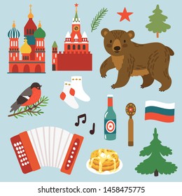 Vector card with Russian symbols: St Basil's Church, Kremlin, bear, accordion, pancakes, bear. Sticker collection with travel elements. Icon set about Russia. 