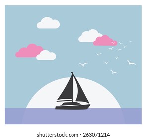 Vector card with sailboat against sunset. Holiday lifestyle landscape with sea skyline