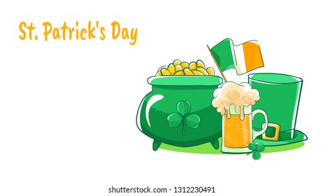 Vector card Saint Patricks Day. Green silk hat, flag Ireland, pot of gold coins, shamrocks and beer stein. 