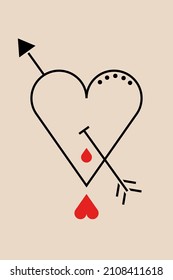 Vector card for Saint Valentine's day with the arrow that pierces the heart. Beige poster with black and red elements.