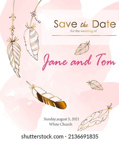 vector card save the date with golden feathers 