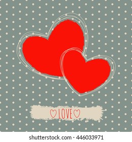 Vector card with scratched red hearts and dots