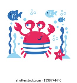 Vector card with sea animals: crab, star, fish. Marine theme design. Illustration for clothes, anniversary, birthday, party invitations, scrapbooking, cards and sticker