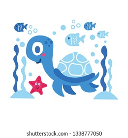 Vector card with sea animals: turtle, star, fish. Marine theme design. Illustration for clothes, anniversary, birthday, party invitations, scrapbooking, cards and sticker
