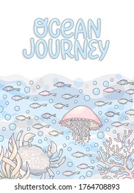 Vector card with sea creatures and hand-drawn lettering.  Vertical marine banner template.