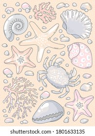 Vector card with sea creatures and hand-drawn lettering.