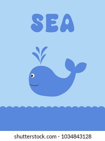 Vector card with sea theme. Cute whale with the inscription.