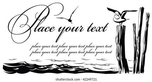 Vector card: the Seagull sitting on columns at river coast