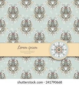 Vector card with seamless background and ribbon. Delicate ornament with branches, birds and mistletoe. Place for your text. Perfect for greetings, invitations or announcements