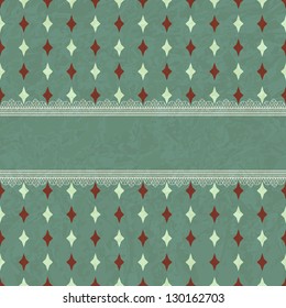 Vector Card with Seamless Geometric Pattern and Lacy Borders on Crumpled Paper, fully editable eps 10 file, seamless pattern in swatch menu and lacy brush included