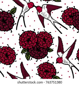 Vector card seamless pattern. Colorful print, Vintage retro wallpaper textile. Flower decor. Tattoo style.