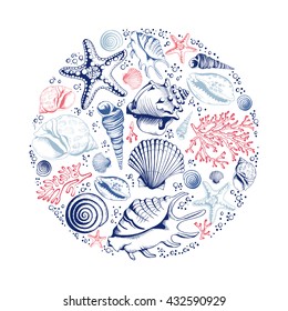 Vector card with seashells, corals and starfishes. Marine background. Illustration in sketch style. Perfect for greetings, invitations, manufacture wrapping paper, textile, wedding and web design.