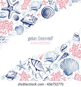 Vector card with seashells, corals and starfishes. Marine background. Illustration in sketch style. Perfect for greetings, invitations, manufacture wrapping paper, textile, wedding and web design.