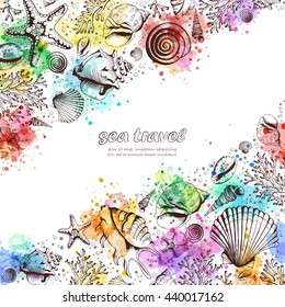 Vector card with seashells, corals and starfishes. Imitation of watercolor spots. Illustration in sketch style. Perfect for greetings, invitations, wrapping paper, textile, wedding and web design.