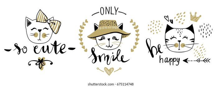 Vector card series with cute fashion cats. Stylish kitten set. Trendy illustration in sketch style  t-shirt print, cards, poster. Doodle Kitty. Kids animals. Funny character.