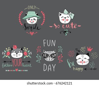 Vector card series with cute fashion cats. Stylish kitten set. Trendy illustration in sketch style t-shirt print, cards, poster. Doodle Kitty. Kids animals. Funny character.