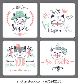 Vector card series with cute fashion cats. Stylish kitten set. Trendy illustration in sketch style t-shirt print, cards, poster. Doodle Kitty. Kids animals. Funny character.