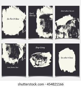 Vector card set with abstract design and motivation quotes. Hand drawn patterns for posters, greeting cards, flyers. Anniversary, holiday, wedding, business, birthday, party invitations.