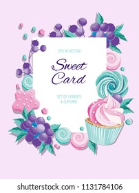 Vector card with set of delicious on the pink background with white paper in the center. eps 10