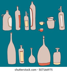 Vector card with set of different wine bottles, cups and jug. Hand-drawn Georgian style for menu.
