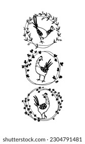 Vector card with a set of hand drawn cute funny chickens in graceful floral wreath. Beautiful ink drawing, heavy contour, graphic style. Perfect elements for food or farming design.