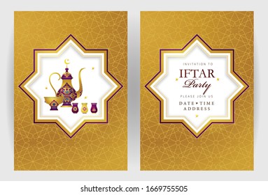 Vektorillustration-Kartenset für Iftar Party-Feiern. Arabische Dekoration, Kaffeebeutel, Sterne, Crescent für Iftar Einladung. Karten für das muslimische Fest des heiligen Ramadan-Monats. Ramadan Kareem. Oststil