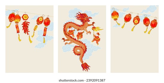 Vector card set with an illustration of Chinese performing a Dragon Dance, China paper lanterns. Chinese design elements for good luck in the New Year. Chine spring festival. Translate: Happy New Year