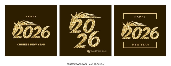A vector card set with a sparkling gold 2026 greeting, marking the Chinese New Year 馬年 - the Year of the Horse. A traditional Asian lunar zodiac horoscope design. Elegant Asian style. 