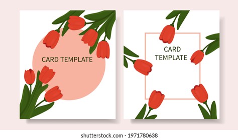 Vector. Card set template. Botanical wedding invitation design, greeting card. Red tulips and green leaves with frame on white background.