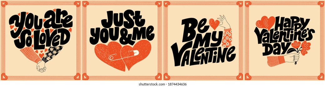 Vector card set for valentines day. Romantic collection for social media, print, t-shirt, card, poster, gift, landing page, web design elements. Hand-drawn lettering typography. Doodle illustration.