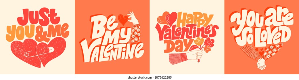 Vector card set for valentines day. Romantic collection for social media, print, t-shirt, card, poster, gift, landing page, web design elements. Hand-drawn lettering typography. Doodle illustration.