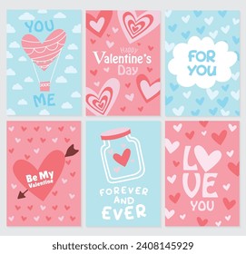 Tarjeta vectorial para el día de San Valentín. Colección de tarjetas de San Valentín rosa, azul, de color blanco, venta y otras plantillas de volante con letras. Póster de tipografía, tarjeta, etiqueta, conjunto de diseños de pancartas. 