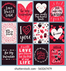 Vector card set for valentines day. Black, red and white poster collection with hand written brush lettering. Romantic collection for your design.