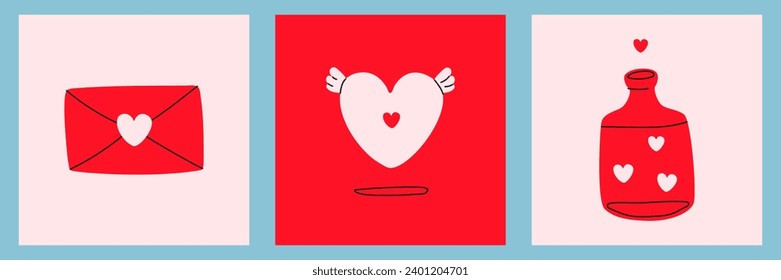 Vektorgrafik-Set für den Valentinstag.Romantische Kollektion für soziale Medien, Druck, Karte, Poster, Geschenk etc.Handgezeichnet