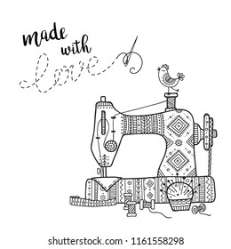 Vector card with sewing machine and lettering.Can be printed and used as banner, card, placard, sticker, invitation, design template, label, coloring page