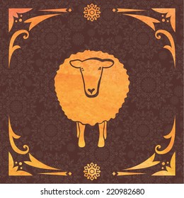 Vector card with sheep and 2015 | Cheerful orange watercolor card with new year symbol