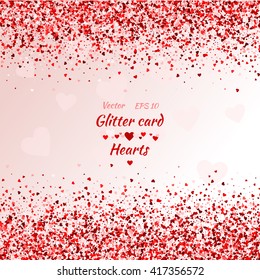 Vector card with shimmer. Greeting card with hearts. Red sparkle. Shimmer. Shiny card. Red sparkles. Frame of hearts. Border. Confetti. Valentine's day.