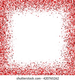 Vector card with shimmer. Greeting card with hearts. Red sparkle. Shimmer. Sparkles. Red frame of hearts. Border. Confetti. Valentine's day 