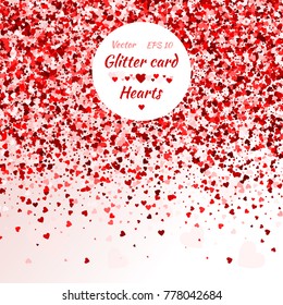 Vector card with shimmer. Greeting card with hearts. Red sparkle. Shimmer. Shiny card. Sparkles. Frame of hearts. Border. Confetti of hearts. Valentine's day.