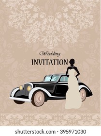 Vector card of a Silhouette of a bride with a classic car. Illustration for greeting card or invitation to the wedding.