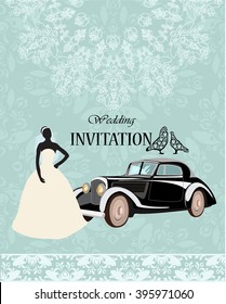 Vector card of a Silhouette of a bride with a classic car. Illustration for greeting card or invitation to the wedding.