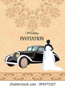 Vector card of a Silhouette of a bride with a classic car. Illustration for greeting card or invitation to the wedding.
