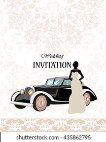 Vector card of a Silhouette of a bride with a classic car. Illustration for greeting invitation to the wedding.